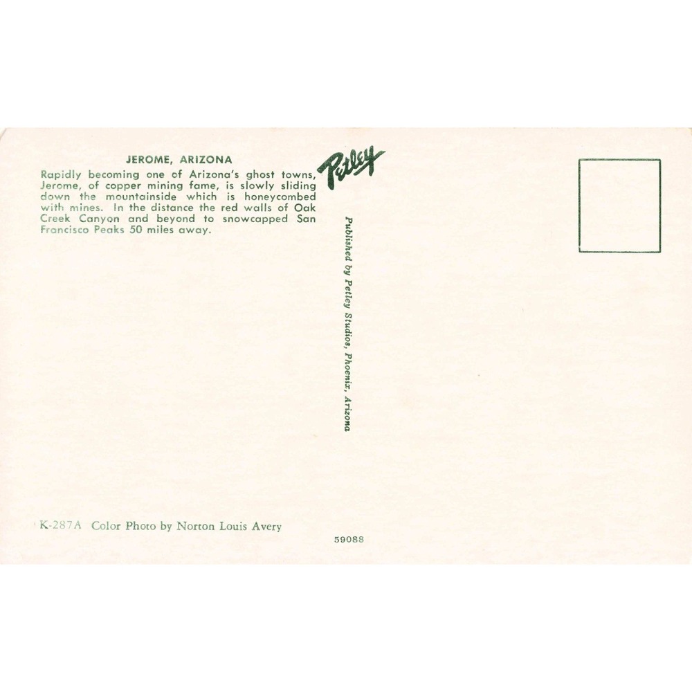 Jerome Arizona Ghost City Billion Dollar Copper Camp Petley Postcard K-287A - Picture 2 of 2